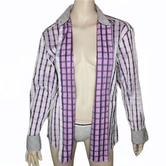 𝅺Bugatchi Uomo Mens Shirt Button Up Contrast Flip Cuff Cotton Casual Size Large - Picture 7 of 14